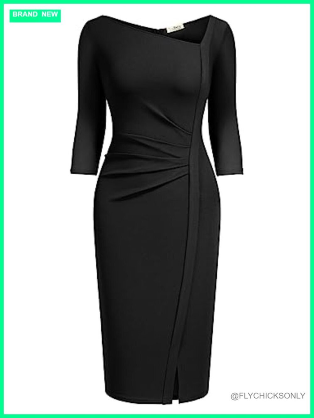 Women's Ruched Sheath Dress Retro 3/4 Sleeve Bodycon Keyhole Neck - Picture 3 of 7